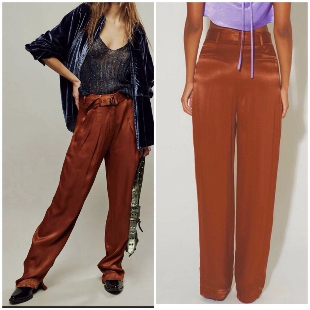 Hansen & Gretel Rust Satin Wide Leg Pants Size L Tie Waist High Rise